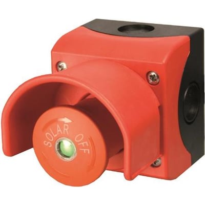 Eaton DC Afbryder til solcelleanlæg med rød betjeningsknap mærket 'SOLAR OFF' og en grøn indikatorlampe.