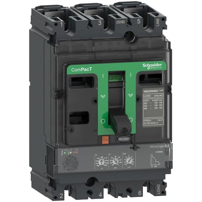 Schneider Electric ComPacT NSX250R 3P 3d maksimalafbryder med 160A MicroLogic 2.2 strømrelæ på hvid baggrund.