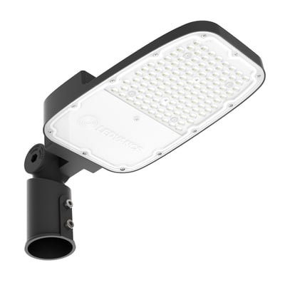 Gråt LEDVANCE Streetlight Area M LED-armatur til vejbelysning set skråt med synlige lysdioder og masteadapter.
