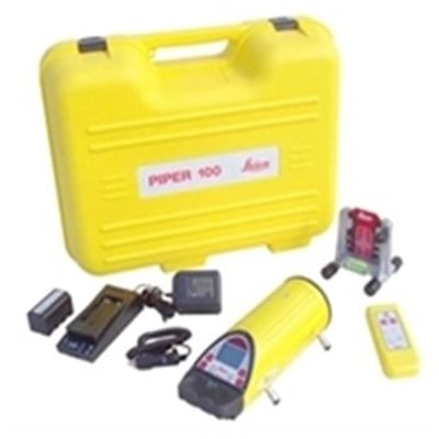 Leica Piper 100 rørlaser med kuffert, oplader, fjernbetjening og målskive fremvises samlet.