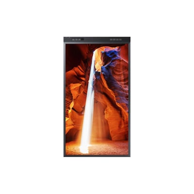 Samsung OM55N-DS digital signage-skærm på 55 tommer i sort, vist stående med et farverigt motiv af en kløft.