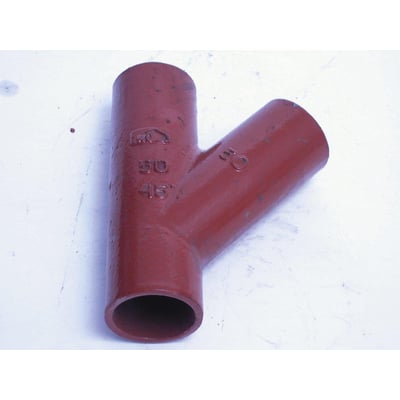 Rødt SML grenrør i støbejern med 50mm dimension og 45 graders vinkel på en hvid baggrund.