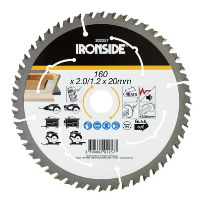 Ironside rundsavklinge til træ set forfra med sølvfarvede tænder og trykte specifikationer, 160 mm og 48 tænder.