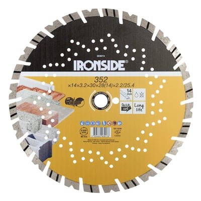Ironside universal diamantklinge på 352 x 25,4 mm med segmenteret skærekant, vist forfra i gul og sort.
