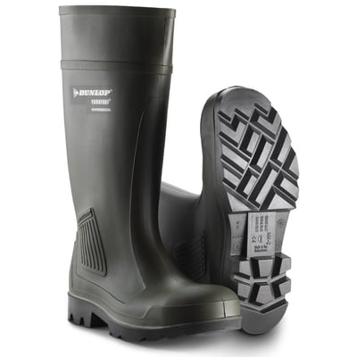 Grøn Dunlop Purofort PU-sikkerhedsstøvle fra Sika Footwear, model 462933 i størrelse 42, med mønstret sål.