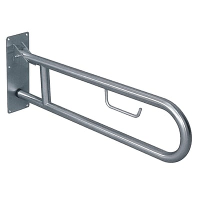 Intra Juvel TBBP-005 løftbart støttehåndtag i børstet stål, set skråt med vægplade og toiletrulleholder.