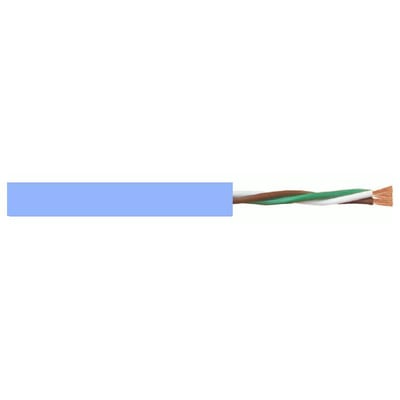 Multikabel LIHH 5x0,75 i blå farve, viser de indre ledere med kobber, hvid, brun og grøn isolering.