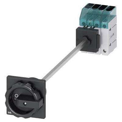 Siemens lastafbryder 3LD3 med 3-polet + N, 16A mærkestrøm og roterende drev på hvid baggrund.