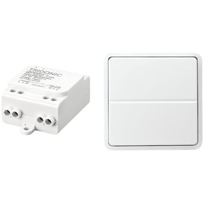 Lauritz Knudsen trådløs DALI løsning med strømforsyning og Fuga tryk i hvid. Består af hvid DALI modtager til venstre og hvidt, firkantet tryk til højre.