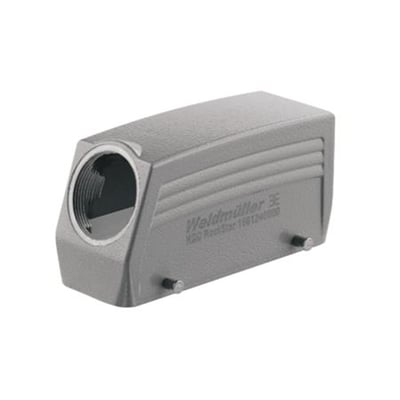 Weidmüller HDC industristik kabelhus i størrelse 4 med M25 sideudgang og to monteringsbøjler, gråt metalhus.