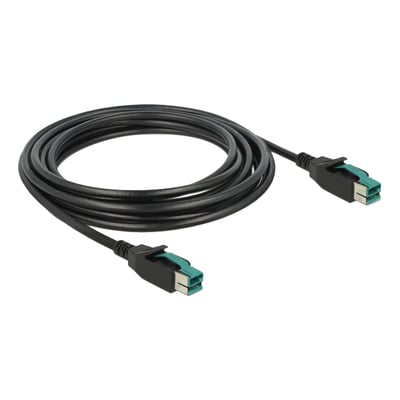 Sort Delock PoweredUSB-kabel på 4 meter med to hanstik til 12 V, vist sammenrullet med begge stik synlige.