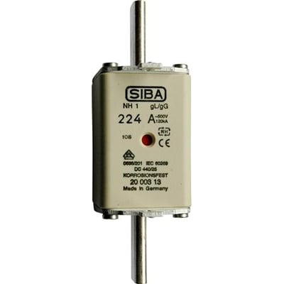Siba NH1/0-sikring med gG-karakteristik, 160 A og 500 V, set forfra med mærkning og metaltilslutninger.
