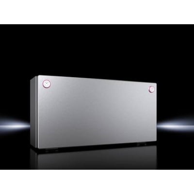 Rittal KX bus-kabinet i rustfrit stål, 400x200x123 mm, vist fra siden med hængslet låg lukket.