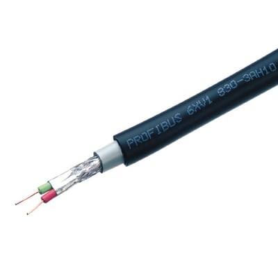 Siemens Profibus FC underground buskabel med 2-året afskærmning og grøn/rød leder på hvid baggrund.