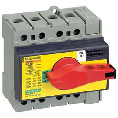 Schneider Electric Compact INS40 lastafbryder, 3-polet, med rød/sort drejehåndtag og synlig ON/OFF markering.