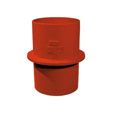 Etagegennemføring i støbejern, 110 mm udvendig dimension, rødmalet med GS-mærke og DIN EN 125 angivet.