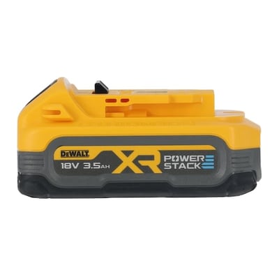 DeWalt 18V XR POWERSTACK™ batteri med 3,5 Ah kapacitet, vist fra siden på hvid baggrund.