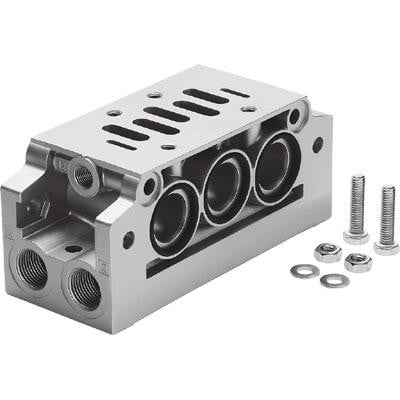 Festo vinkeltilslutningsplade NAVW-1/4-1-ISO, en manifold sub-base med 90° tilslutninger og portmønster iht. DIN ISO 5599/1. Leveres med skruer og møtrikker.