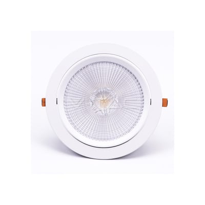 V-Tac 30W LED spotlight med en hvid ramme og en reflekterende lyskilde, set forfra på hvid baggrund.