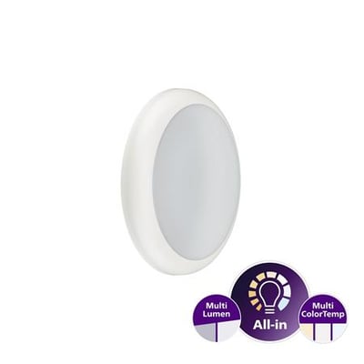 Hvidt, rundt Philips Ledinaire WL070V væg- og loftarmatur med opal front og justerbar lysstyrke og farvetemperatur.