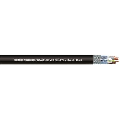 Sort motorkabel med mærkning Elettrotek Kabel Gaalflex VFD 2XSLCYK-J, Cca-s3, d1, a3, viser et tværsnit af lederne.