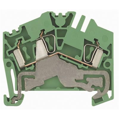 Detaljeret snit af Weidmüller ZPE 2.5-2 gennemgangsklemme, der viser fjedermekanismen og metalforbindelserne.