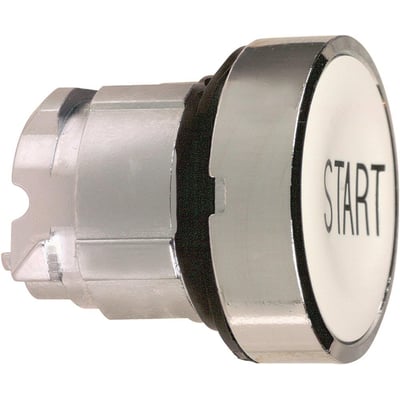 Schneider Electric plan trykknap i hvid med 'START' mærkning, 22mm diameter, med krom frontring og bagmonteret krop.