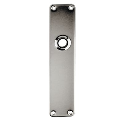 Assa Abloy langskilt 303 i rustfrit stål med rundt dørgrebshul og fire monteringshuller, set forfra.