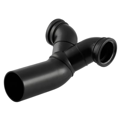 Geberit PEH dobbelt klosetbøjning i sort PEH materiale, med 90 graders forskudte tilslutninger, perfekt til væghængte toiletter.