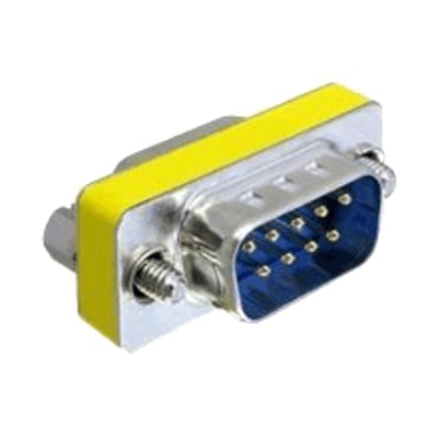 DeLock D-Sub 9 pin gender changer, male til male i sølv metal med gul kant, konverterer en hun-port til han-port.