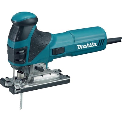Makita stiksav 4351FCTJ med 720W motor og ergonomisk greb i blå og sort. Værktøjet har en savklinge monteret og er klar til brug.