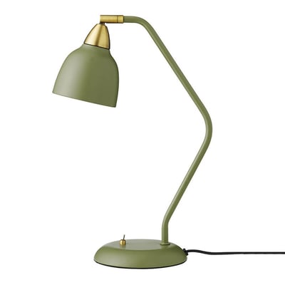 Superliving Urban bordlampe i mat olivengrøn med drejeligt lampehoved og messing top, vist isoleret på hvid baggrund.