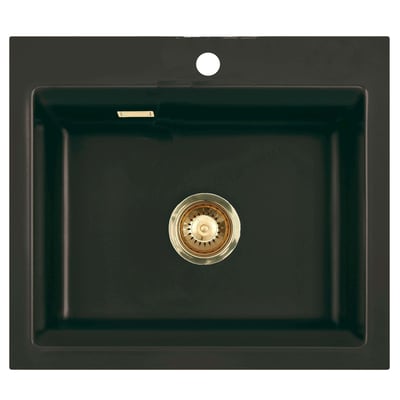 Oversigtsbillede af sort keramik køkkenvasken Kara 57 med synligt messing afløb og hanehul.