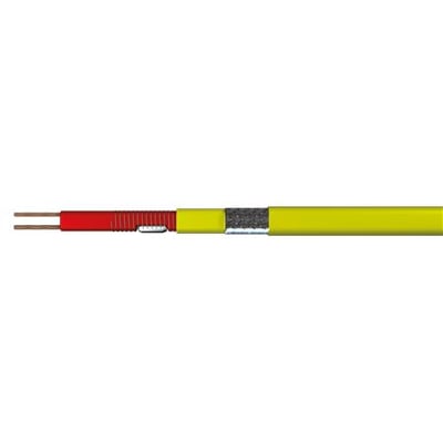 Ebeco ELP/SI 30 BO-kabel med gul yderkappe, synlig metalfletning og røde og brune ledningsdele i enden.
