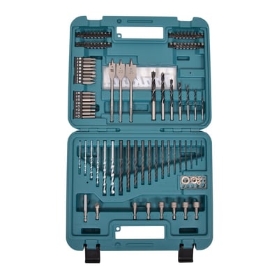 Makita bor-/bitsæt med 100 dele i en åben, turkis kuffert, der viser et bredt udvalg af bor og bits organiseret.