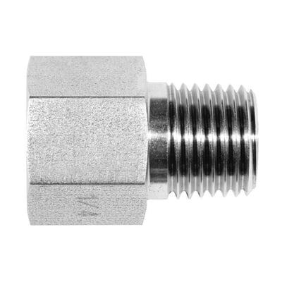 Syrefast Serto reduktion med gevind på 3/8'' og 1/4'' i blank metal på hvid baggrund.