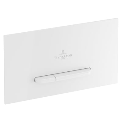 Hvid Villeroy & Boch Viconnect E300-betjeningsplade med to aflange trykknapper, set skråt forfra.