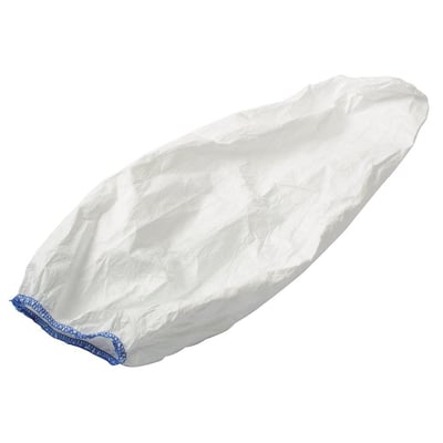 Hvidt Tyvek 500 PS32 ærmeovertræk på 50 cm, vist udstrakt med blå elastikkant.