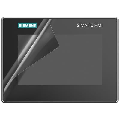 Siemens mat beskyttelsesfilm til 15-tommers skærm, vist delvist løftet fra en SIMATIC HMI-front.