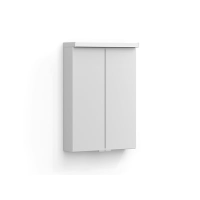 Svedbergs Intro spejlskab i mathvid med to lukkede spejllåger og LED-belysning øverst, set skråt forfra.