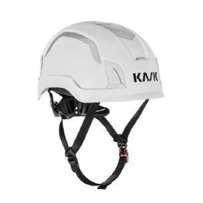 Hvid Kask Zenith X Max sikkerhedshjelm i HI-VIZ-design med sort hagerem og justerbare stropper til hovedstørrelser på 60–66 cm.