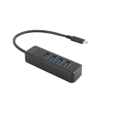 Ovenfra-ned visning af en Deltaco USB-C hub med 4x USB-A porte, alle markeret med '5 Gbit/s', og en USB-C stik.