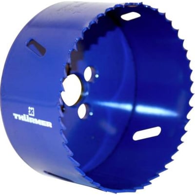 Blå Thürmer bi-metal hulsav med HSS-Co, Ø 200 mm, set skråt med synlige tænder og åbninger i siden.