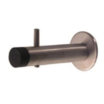 d line vægdørstopper i slebet rustfrit stål, 14 x 70 mm, med sort gummiprop og klædekrog set fra siden.