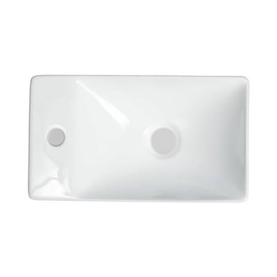 Top view af en hvid, firkantet håndvask i keramik med mål på 38x22x10 cm og hanehul til venstre.