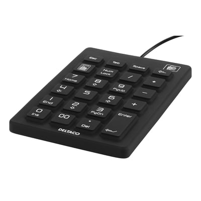Deltaco sort silikone numpad med 23 taster, IP68-klassificeret, med USB-tilslutning og nordisk layout vist på hvid baggrund.