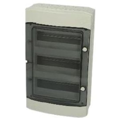 Fibox MCE65 gruppeafdækning med 3 rækker og 36 moduler, fremstillet af lysgrå termoplast med et tonet, gennemsigtigt låg.