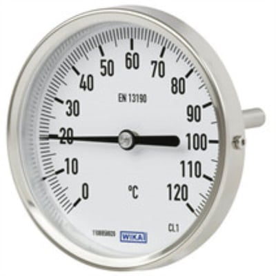 WIKA bimetal termometer i rustfrit stål med et måleområde fra 0 til 120 grader Celsius og en 63mm urskive.