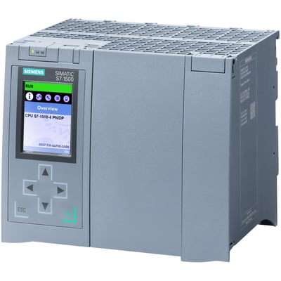 Siemens SIMATIC S7-1500 CPU 1518-4 PN/DP central processor unit med farvedisplay og betjeningsknapper på hvid baggrund.