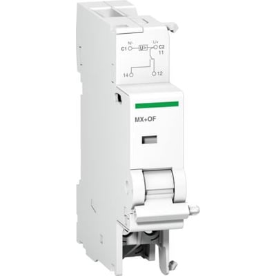 Schneider Electric Tripspole MX OF med en bredde på 220-415VAC og grøn markering, viser dens kompakte design til elinstallationer.